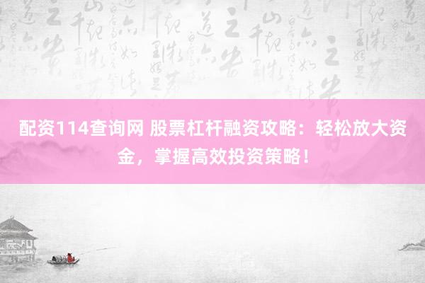 配资114查询网 股票杠杆融资攻略：轻松放大资金，掌握高效投资策略！
